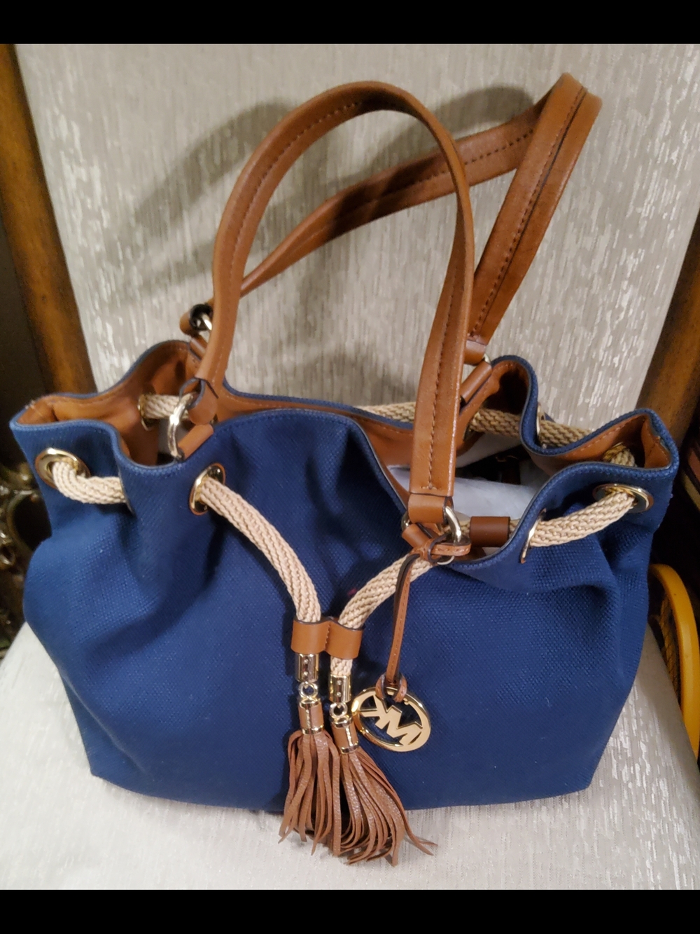 Michael Kors Navy Canvas Shoulder Bag with Tan Leather Trim